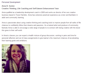 Anna B. Sexton - first ever coaching, creative thinking and Self Esteem Enhancement tutor @ Idea Store, East London